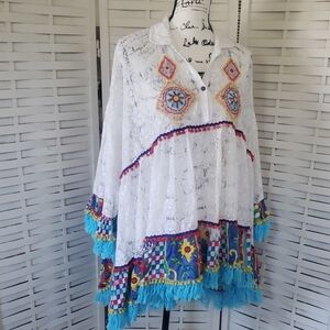Antica Sartoria By Giacomo Cinque Bohemian White Lace Embroidered Beaded Top O/S